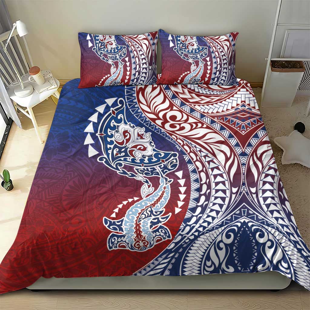 Hawaiian Manta Ray and Hammerhead Shark Tribal Tattoo Bedding Set with Polynesian Tribal Pattern Hawaii Flag Color LT03 - Polynesian Pride