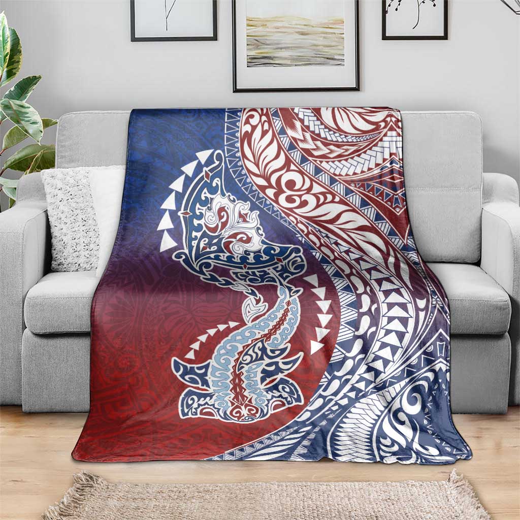 Hawaiian Manta Ray and Hammerhead Shark Tribal Tattoo Blanket with Polynesian Tribal Pattern Hawaii Flag Color