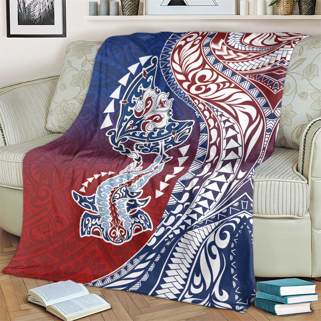 Hawaiian Manta Ray and Hammerhead Shark Tribal Tattoo Blanket with Polynesian Tribal Pattern Hawaii Flag Color