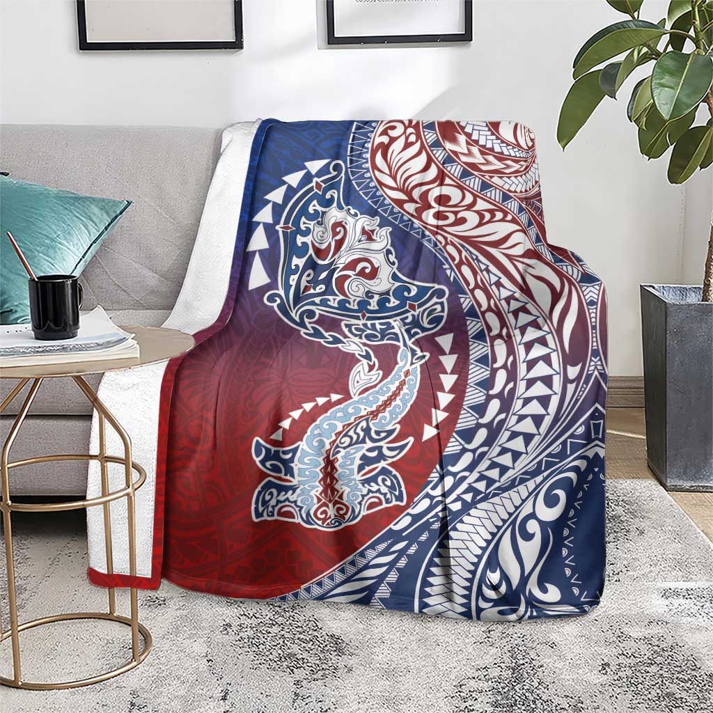 Hawaiian Manta Ray and Hammerhead Shark Tribal Tattoo Blanket with Polynesian Tribal Pattern Hawaii Flag Color