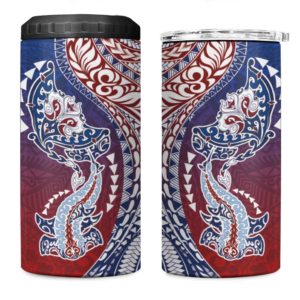 Hawaiian Manta Ray and Hammerhead Shark Tribal Tattoo 4 in 1 Can Cooler Tumbler with Polynesian Tribal Pattern Hawaii Flag Color
