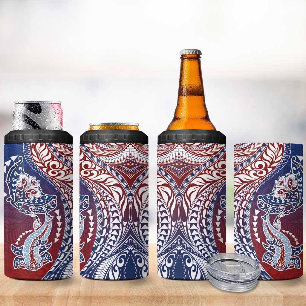 Hawaiian Manta Ray and Hammerhead Shark Tribal Tattoo 4 in 1 Can Cooler Tumbler with Polynesian Tribal Pattern Hawaii Flag Color