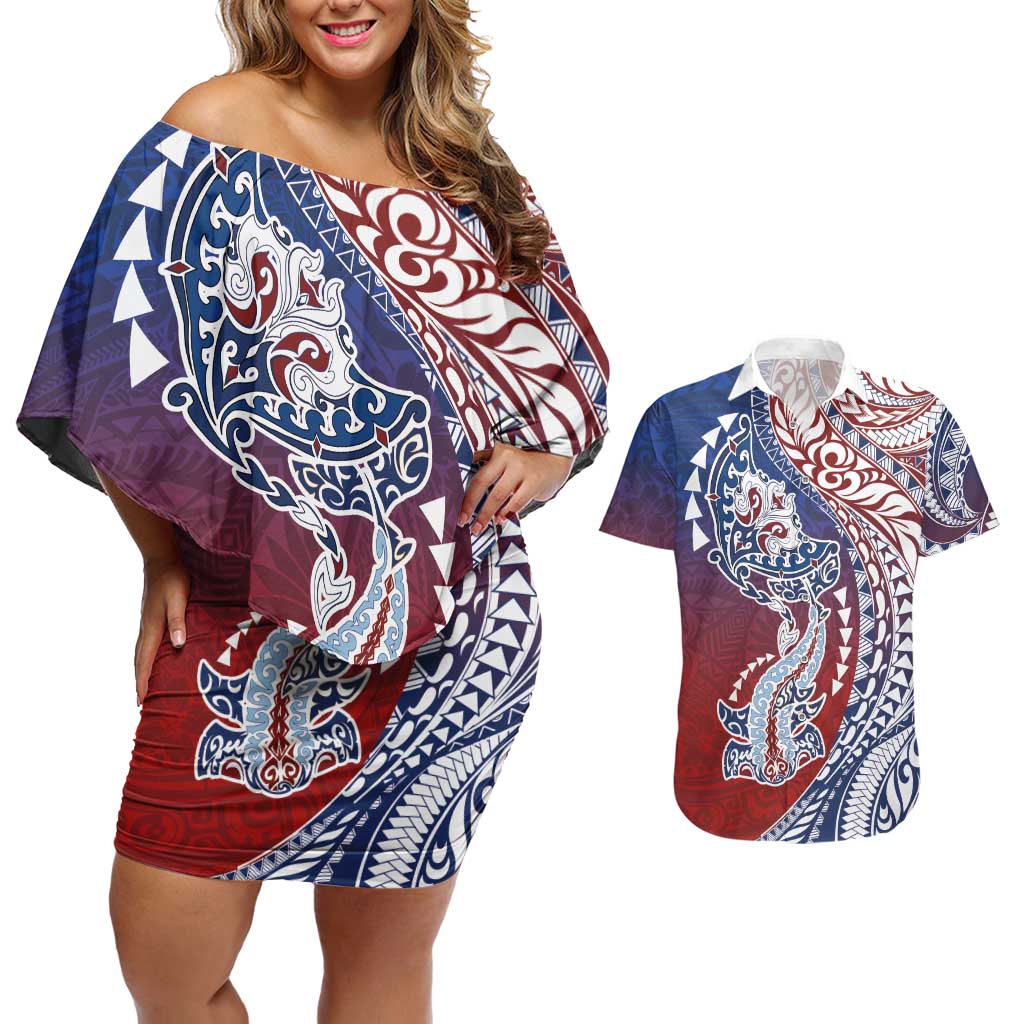 Hawaiian Manta Ray and Hammerhead Shark Tribal Tattoo Couples Matching Off Shoulder Short Dress and Hawaiian Shirt with Polynesian Tribal Pattern Hawaii Flag Color LT03 Multicolor - Polynesian Pride