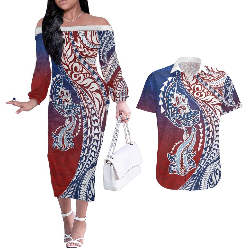 Hawaiian Manta Ray and Hammerhead Shark Tribal Tattoo Couples Matching Off The Shoulder Long Sleeve Dress and Hawaiian Shirt with Polynesian Tribal Pattern Hawaii Flag Color