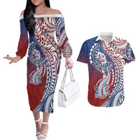 Hawaiian Manta Ray and Hammerhead Shark Tribal Tattoo Couples Matching Off The Shoulder Long Sleeve Dress and Hawaiian Shirt with Polynesian Tribal Pattern Hawaii Flag Color