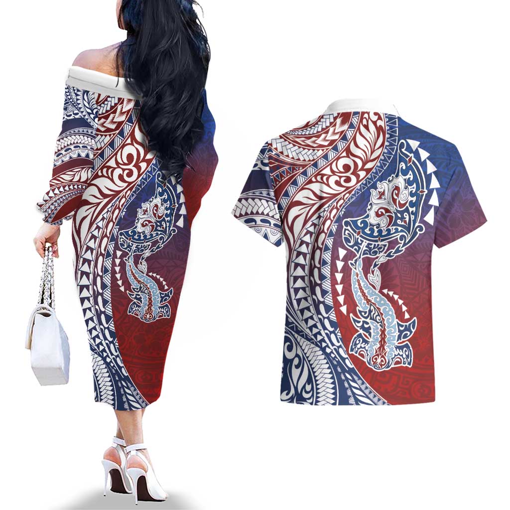 Hawaiian Manta Ray and Hammerhead Shark Tribal Tattoo Couples Matching Off The Shoulder Long Sleeve Dress and Hawaiian Shirt with Polynesian Tribal Pattern Hawaii Flag Color