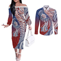 Hawaiian Manta Ray and Hammerhead Shark Tribal Tattoo Couples Matching Off The Shoulder Long Sleeve Dress and Long Sleeve Button Shirt with Polynesian Tribal Pattern Hawaii Flag Color