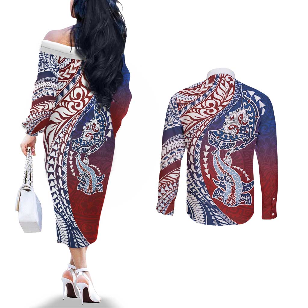 Hawaiian Manta Ray and Hammerhead Shark Tribal Tattoo Couples Matching Off The Shoulder Long Sleeve Dress and Long Sleeve Button Shirt with Polynesian Tribal Pattern Hawaii Flag Color