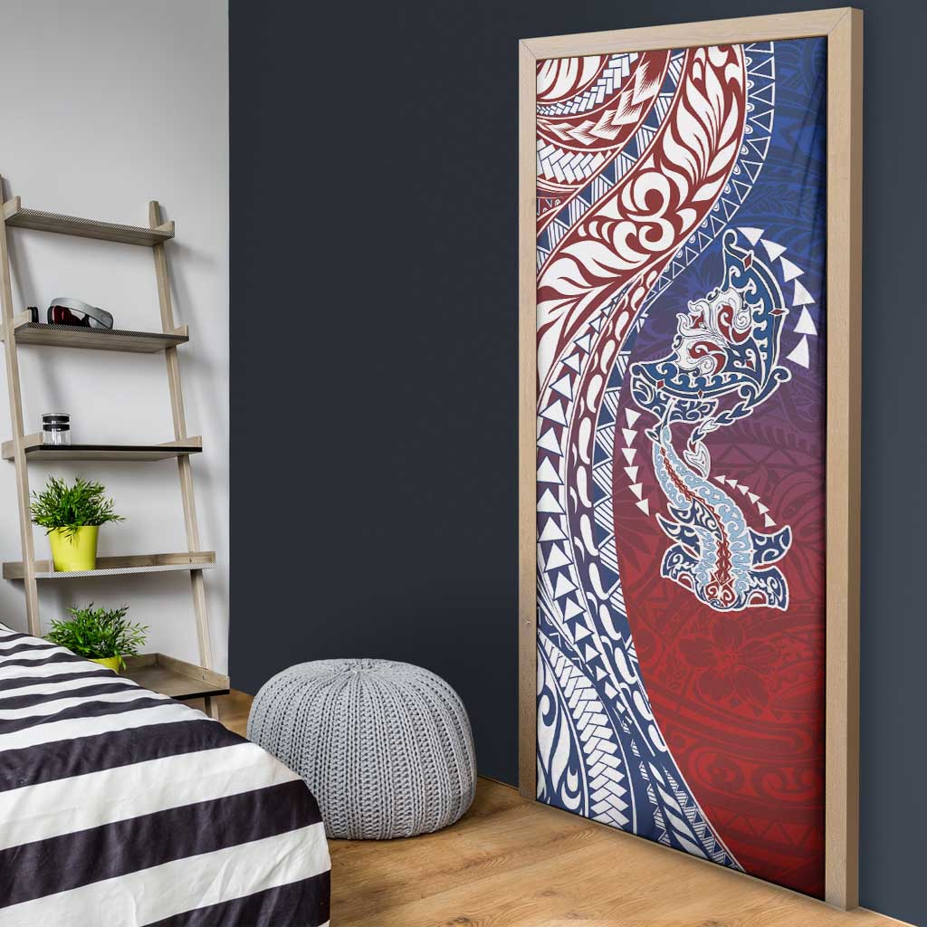 Hawaiian Manta Ray and Hammerhead Shark Tribal Tattoo Door Cover with Polynesian Tribal Pattern Hawaii Flag Color
