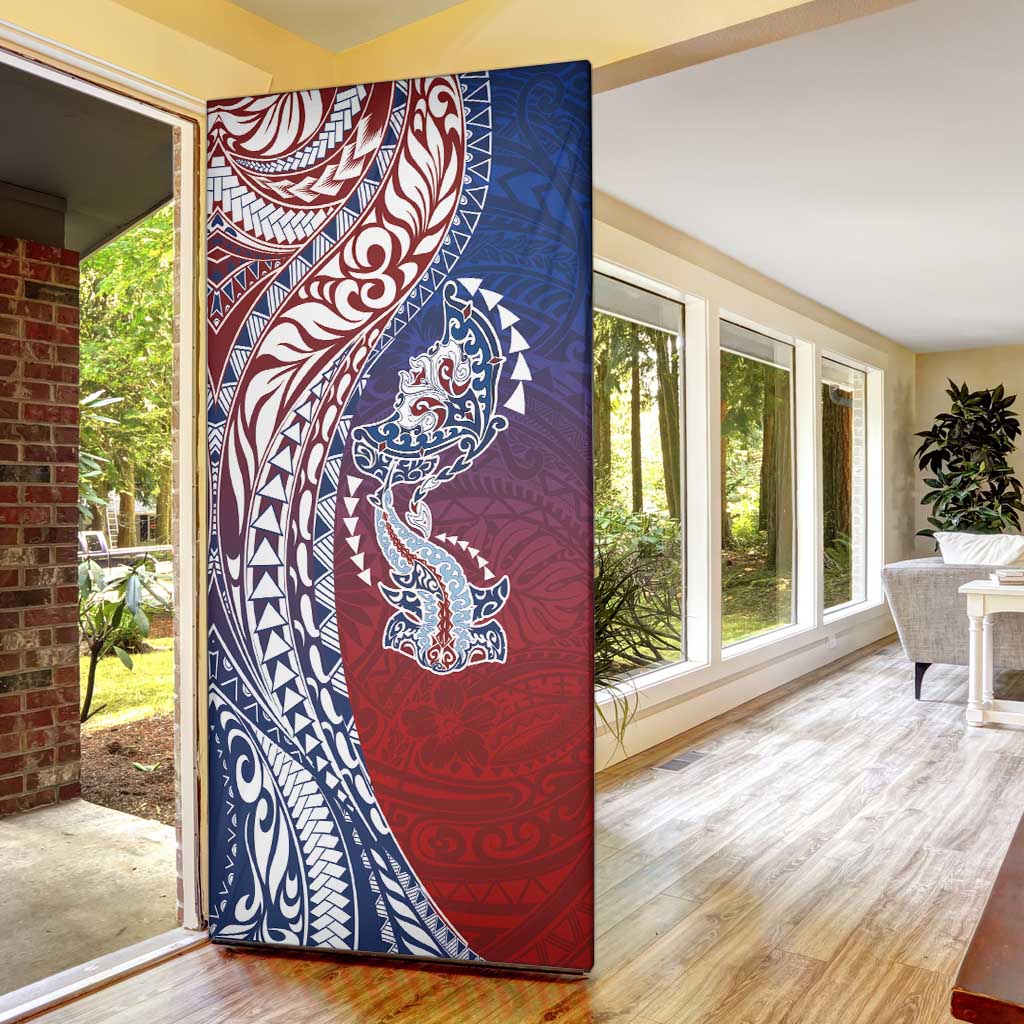 Hawaiian Manta Ray and Hammerhead Shark Tribal Tattoo Door Cover with Polynesian Tribal Pattern Hawaii Flag Color