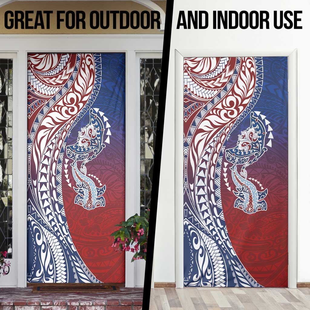 Hawaiian Manta Ray and Hammerhead Shark Tribal Tattoo Door Cover with Polynesian Tribal Pattern Hawaii Flag Color