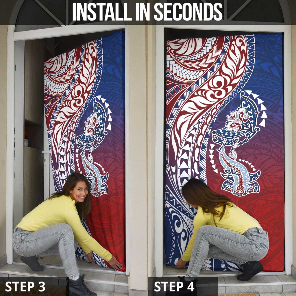 Hawaiian Manta Ray and Hammerhead Shark Tribal Tattoo Door Cover with Polynesian Tribal Pattern Hawaii Flag Color