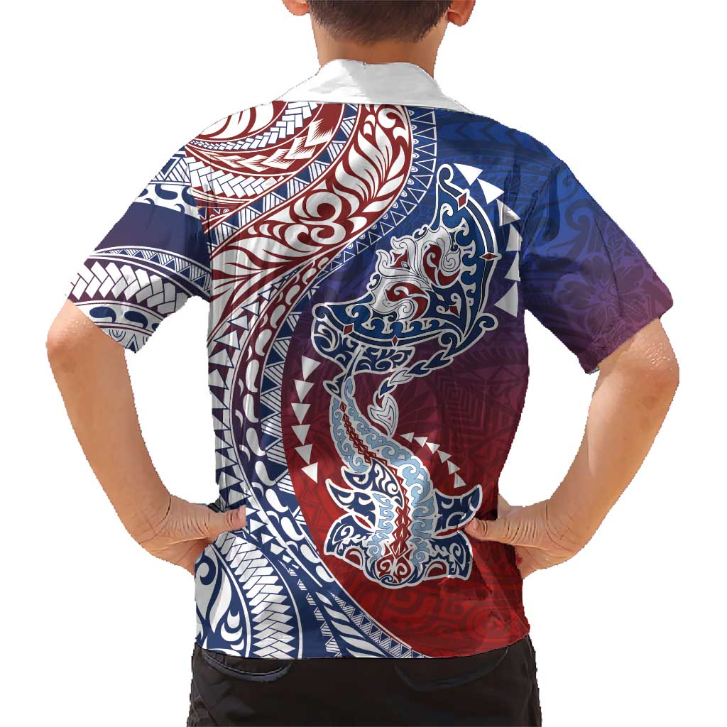Hawaiian Manta Ray and Hammerhead Shark Tribal Tattoo Family Matching Off Shoulder Maxi Dress and Hawaiian Shirt with Polynesian Tribal Pattern Hawaii Flag Color