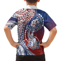 Hawaiian Manta Ray and Hammerhead Shark Tribal Tattoo Family Matching Off Shoulder Maxi Dress and Hawaiian Shirt with Polynesian Tribal Pattern Hawaii Flag Color