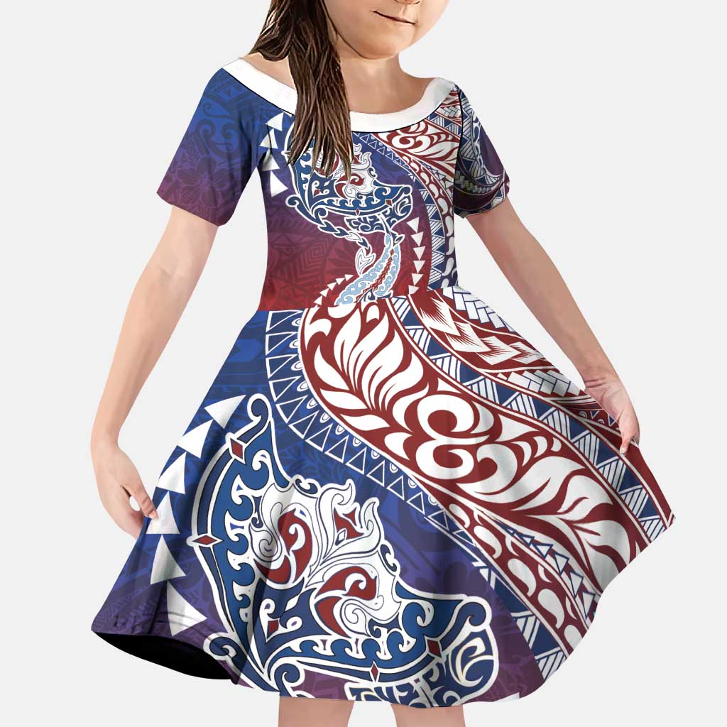 Hawaiian Manta Ray and Hammerhead Shark Tribal Tattoo Family Matching Off Shoulder Maxi Dress and Hawaiian Shirt with Polynesian Tribal Pattern Hawaii Flag Color