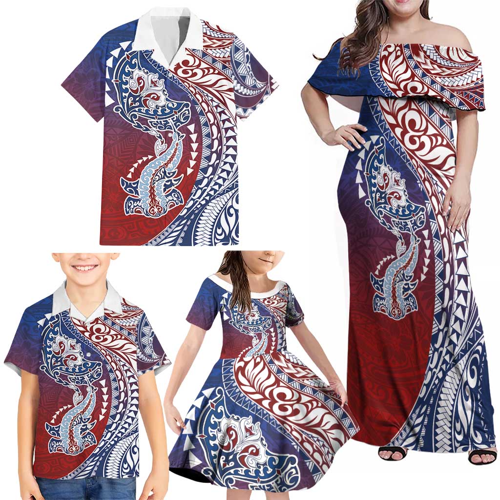 Hawaiian Manta Ray and Hammerhead Shark Tribal Tattoo Family Matching Off Shoulder Maxi Dress and Hawaiian Shirt with Polynesian Tribal Pattern Hawaii Flag Color