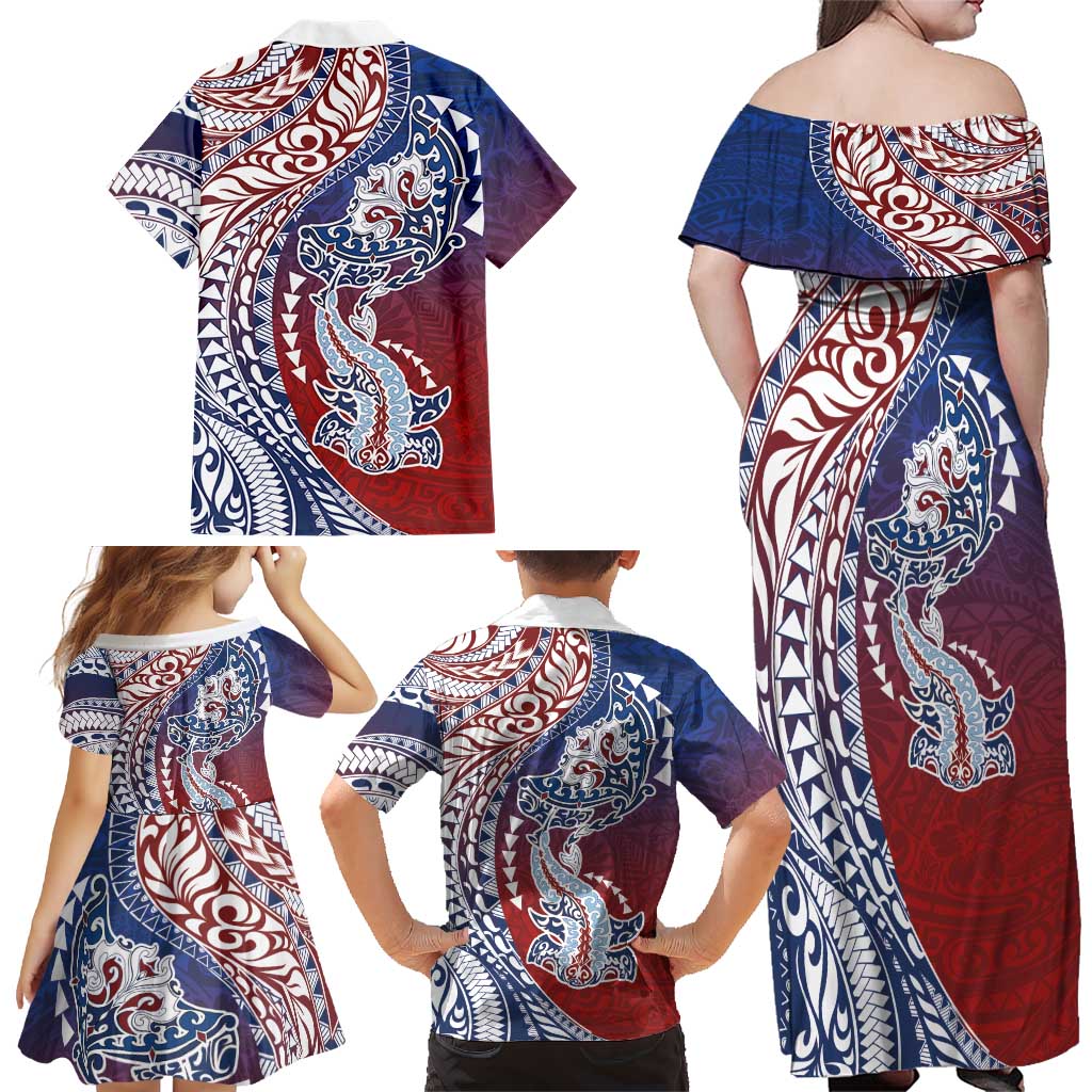 Hawaiian Manta Ray and Hammerhead Shark Tribal Tattoo Family Matching Off Shoulder Maxi Dress and Hawaiian Shirt with Polynesian Tribal Pattern Hawaii Flag Color
