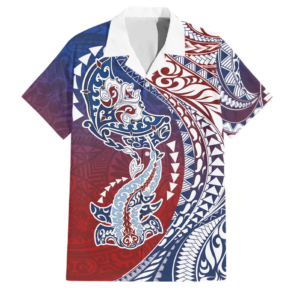 Hawaiian Manta Ray and Hammerhead Shark Tribal Tattoo Family Matching Off Shoulder Maxi Dress and Hawaiian Shirt with Polynesian Tribal Pattern Hawaii Flag Color