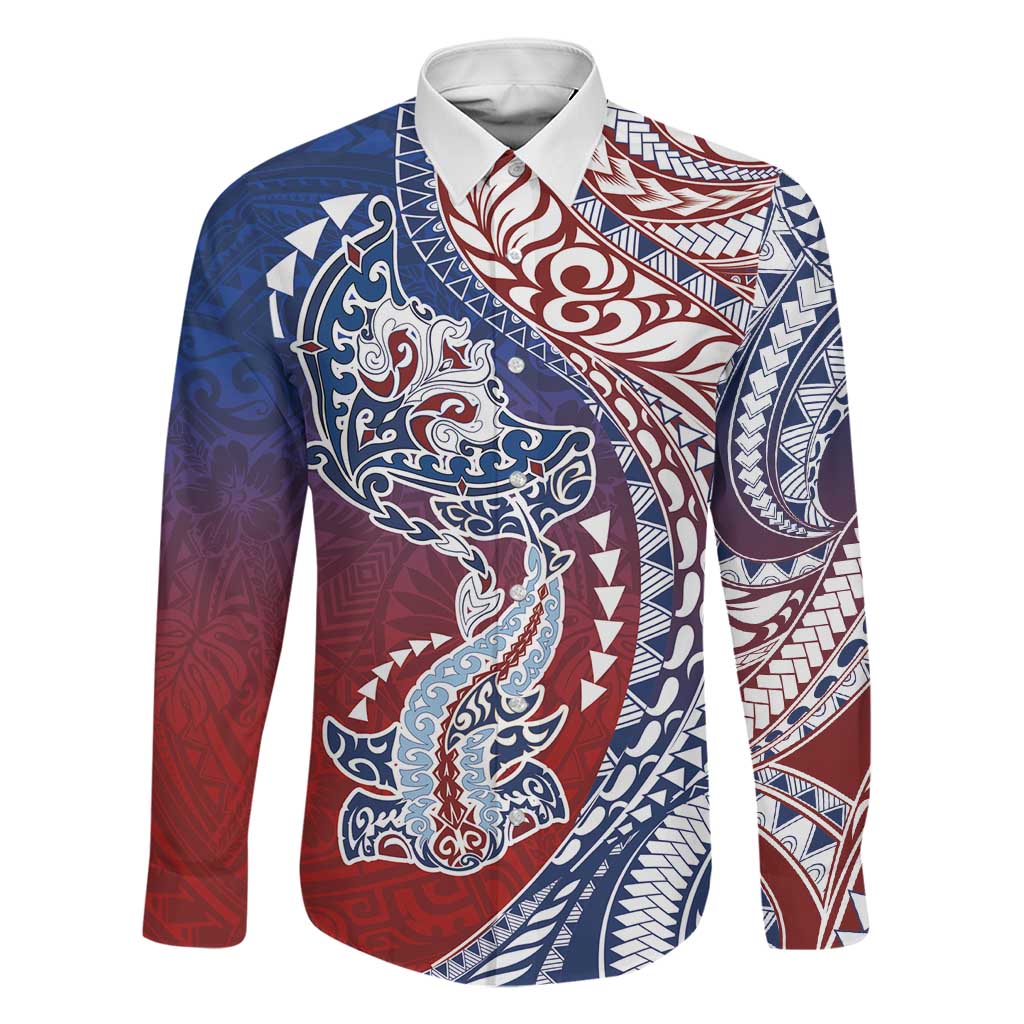 Hawaiian Manta Ray and Hammerhead Shark Tribal Tattoo Family Matching Off Shoulder Maxi Dress and Hawaiian Shirt with Polynesian Tribal Pattern Hawaii Flag Color