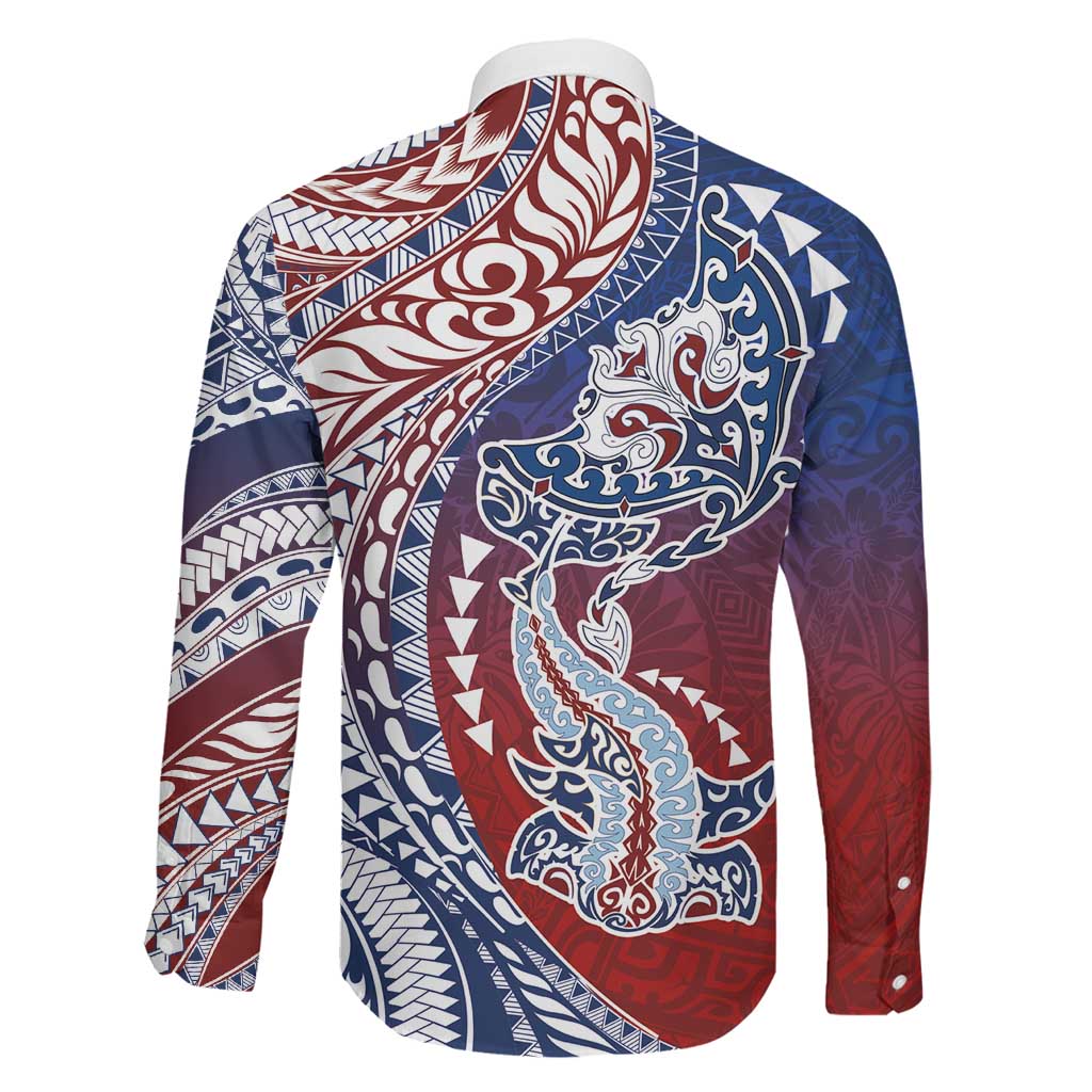 Hawaiian Manta Ray and Hammerhead Shark Tribal Tattoo Family Matching Off Shoulder Maxi Dress and Hawaiian Shirt with Polynesian Tribal Pattern Hawaii Flag Color