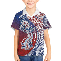 Hawaiian Manta Ray and Hammerhead Shark Tribal Tattoo Family Matching Off Shoulder Maxi Dress and Hawaiian Shirt with Polynesian Tribal Pattern Hawaii Flag Color