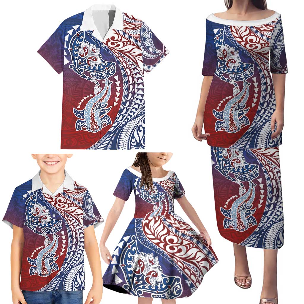 Hawaiian Manta Ray and Hammerhead Shark Tribal Tattoo Family Matching Puletasi and Hawaiian Shirt with Polynesian Tribal Pattern Hawaii Flag Color LT03 - Polynesian Pride