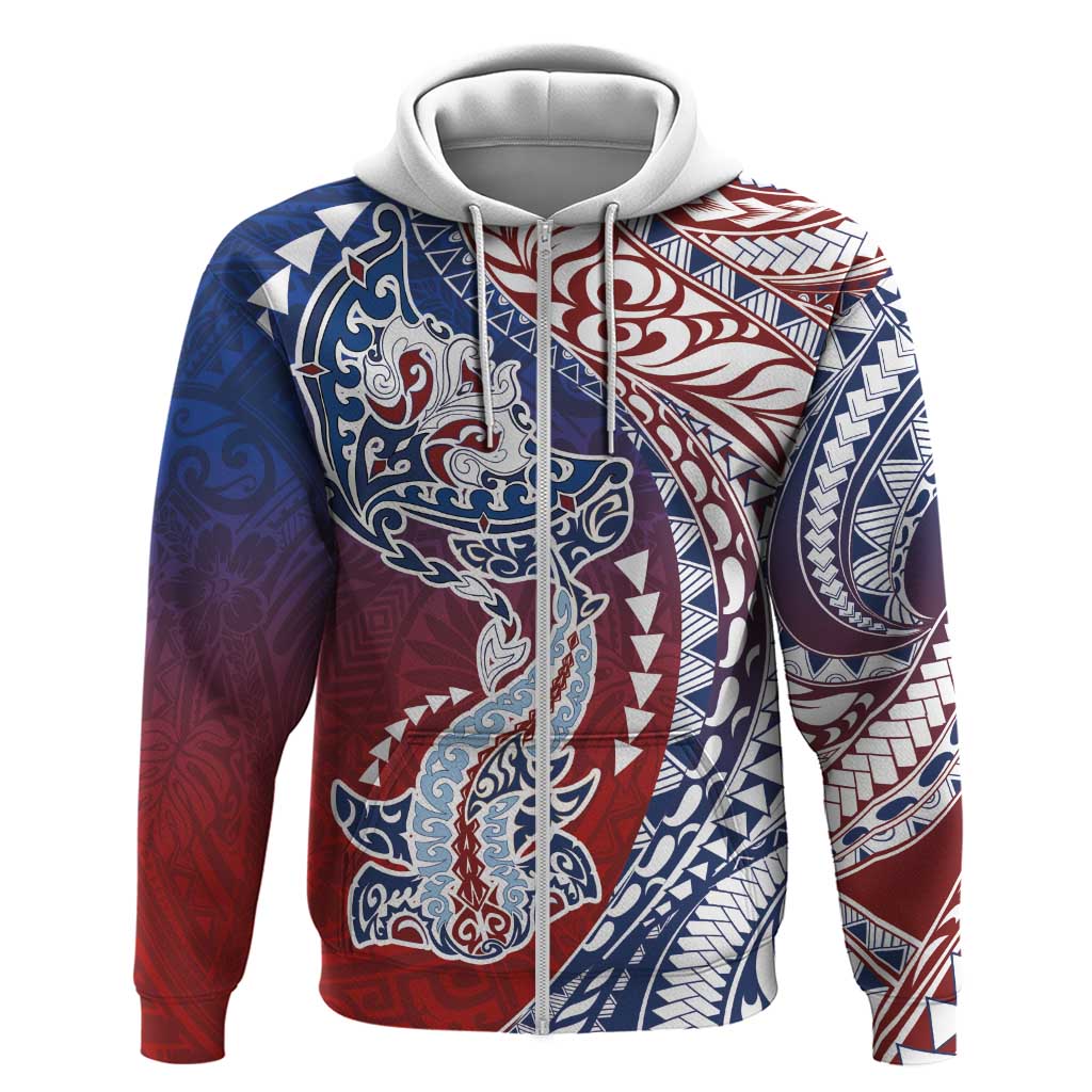 Hawaiian Manta Ray and Hammerhead Shark Tribal Tattoo Hoodie with Polynesian Tribal Pattern Hawaii Flag Color LT03 Zip Hoodie Multicolor - Polynesian Pride