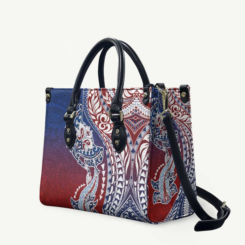 Hawaiian Manta Ray and Hammerhead Shark Tribal Tattoo Leather Bag with Polynesian Tribal Pattern Hawaii Flag Color