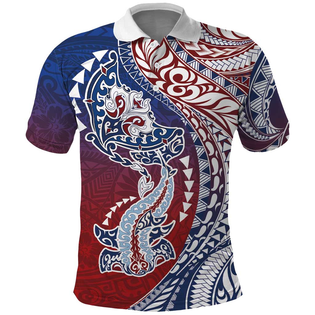 Hawaiian Manta Ray and Hammerhead Shark Tribal Tattoo Polo Shirt with Polynesian Tribal Pattern Hawaii Flag Color