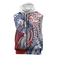 Hawaiian Manta Ray and Hammerhead Shark Tribal Tattoo Sleeveless Zip Hoodie with Polynesian Tribal Pattern Hawaii Flag Color