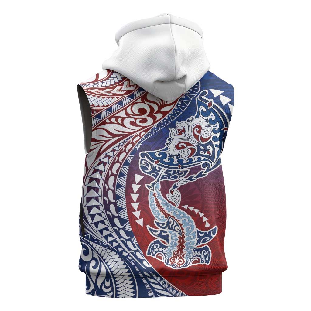 Hawaiian Manta Ray and Hammerhead Shark Tribal Tattoo Sleeveless Zip Hoodie with Polynesian Tribal Pattern Hawaii Flag Color