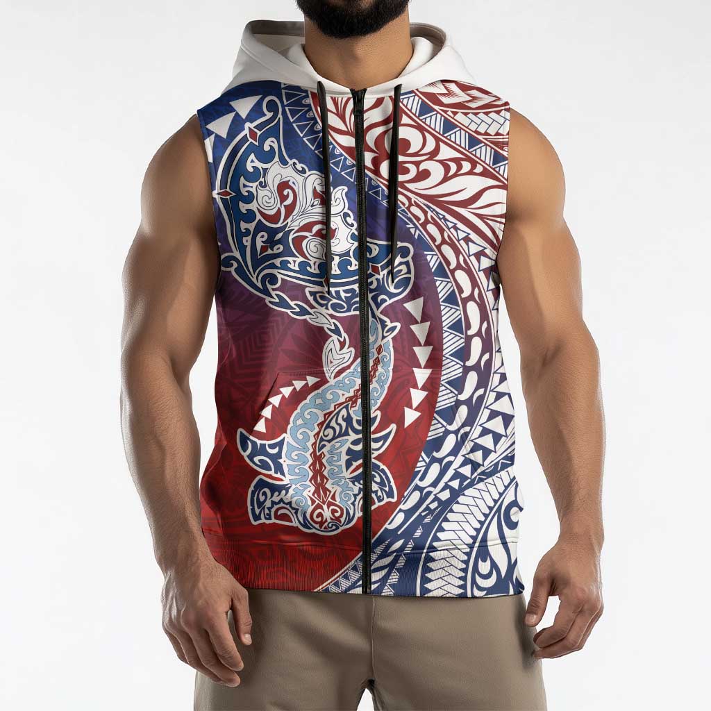 Hawaiian Manta Ray and Hammerhead Shark Tribal Tattoo Sleeveless Zip Hoodie with Polynesian Tribal Pattern Hawaii Flag Color