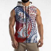 Hawaiian Manta Ray and Hammerhead Shark Tribal Tattoo Sleeveless Zip Hoodie with Polynesian Tribal Pattern Hawaii Flag Color