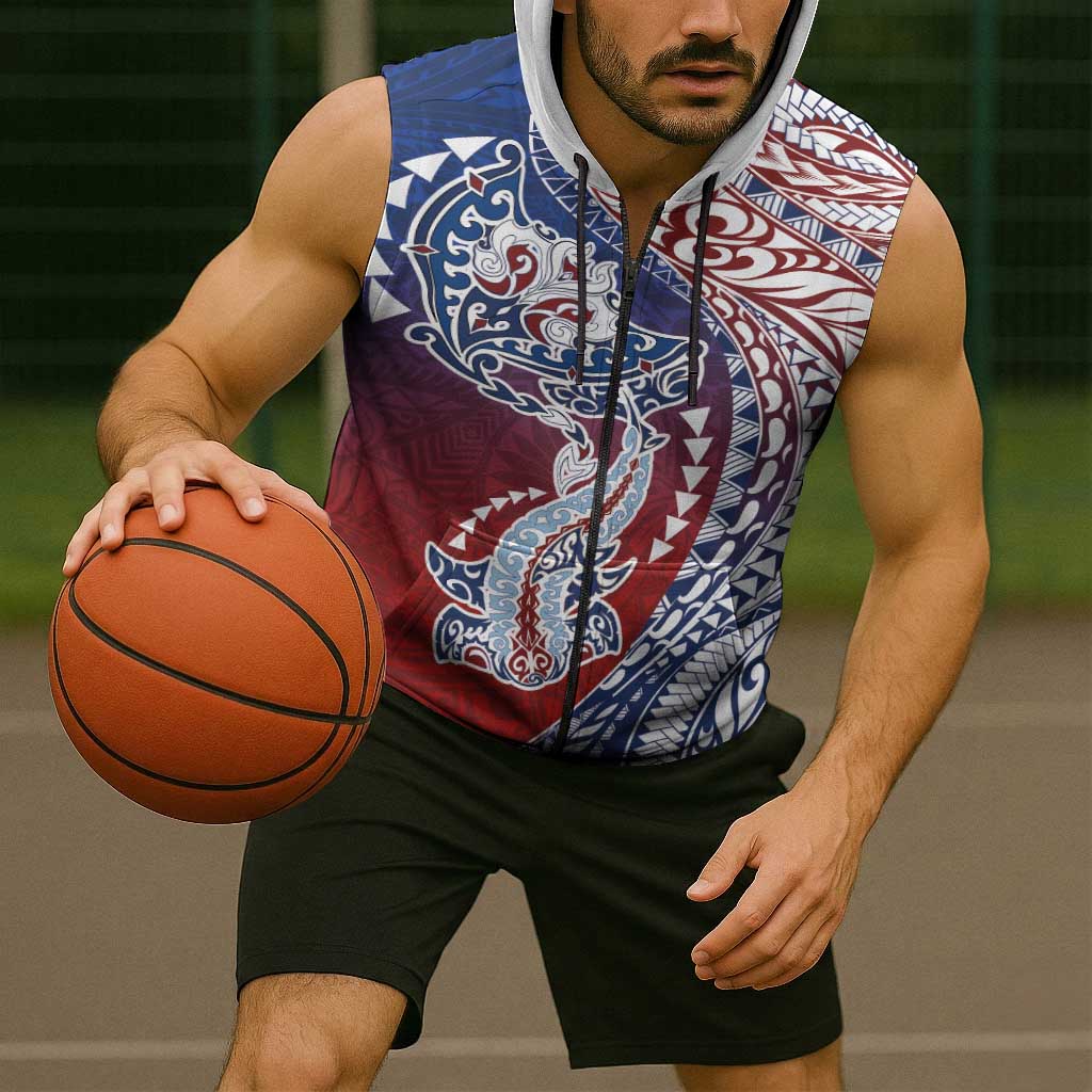 Hawaiian Manta Ray and Hammerhead Shark Tribal Tattoo Sleeveless Zip Hoodie with Polynesian Tribal Pattern Hawaii Flag Color
