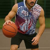 Hawaiian Manta Ray and Hammerhead Shark Tribal Tattoo Sleeveless Zip Hoodie with Polynesian Tribal Pattern Hawaii Flag Color