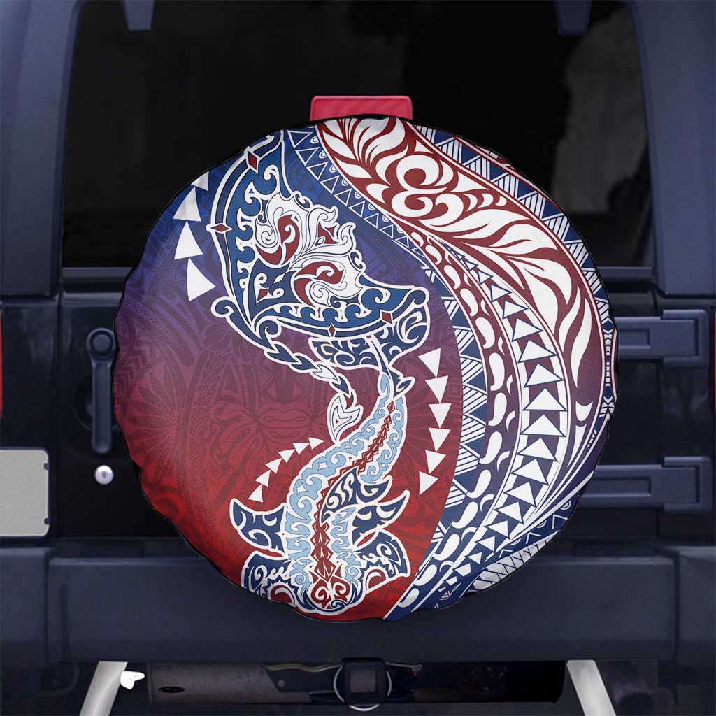 Hawaiian Manta Ray and Hammerhead Shark Tribal Tattoo Spare Tire Cover with Polynesian Tribal Pattern Hawaii Flag Color