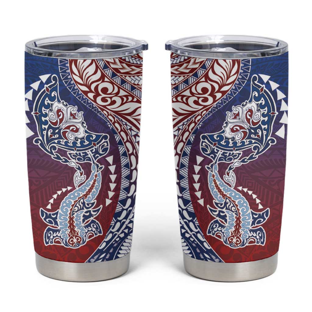 Hawaiian Manta Ray and Hammerhead Shark Tribal Tattoo Tumbler Cup with Polynesian Tribal Pattern Hawaii Flag Color