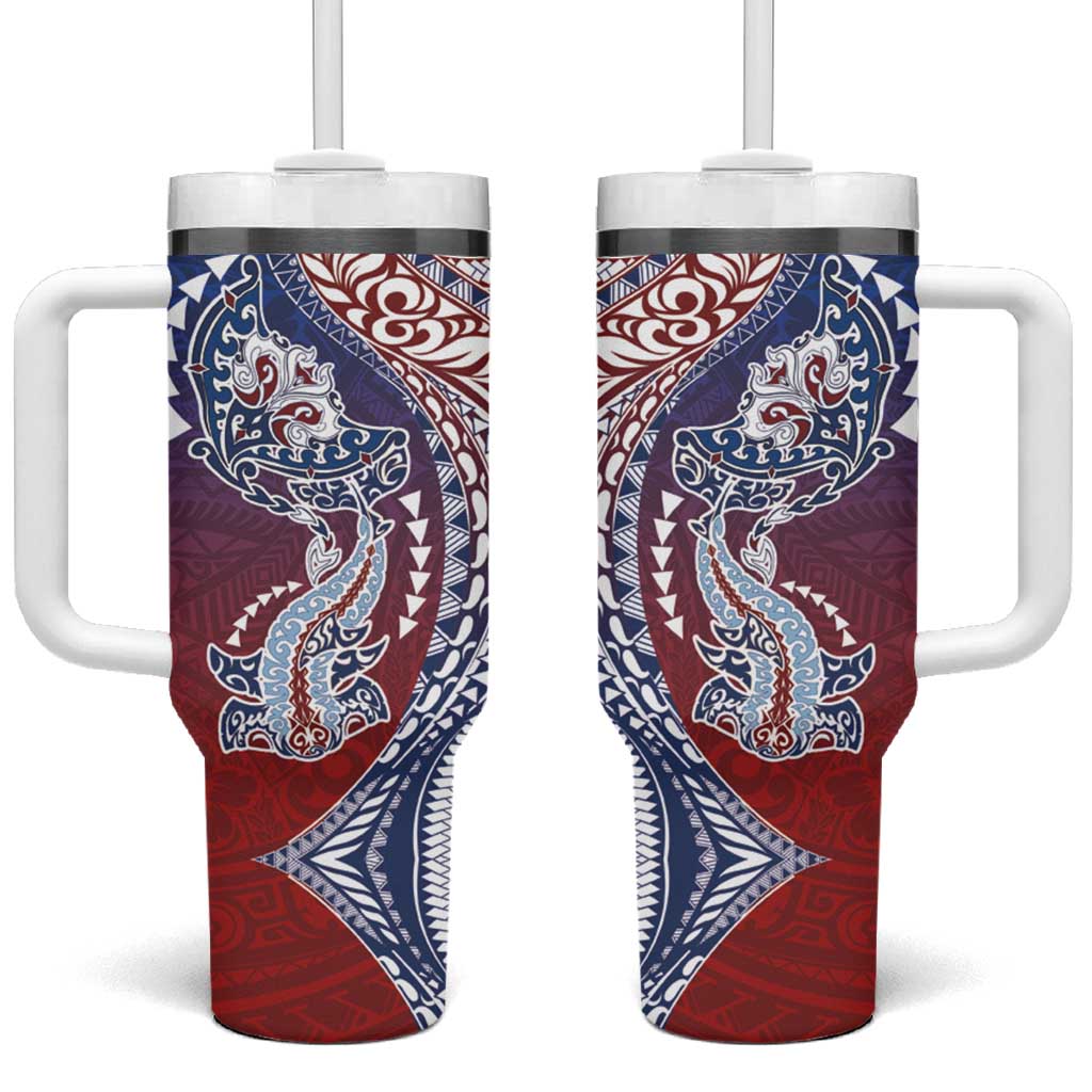 Hawaiian Manta Ray and Hammerhead Shark Tribal Tattoo Tumbler With Handle with Polynesian Tribal Pattern Hawaii Flag Color