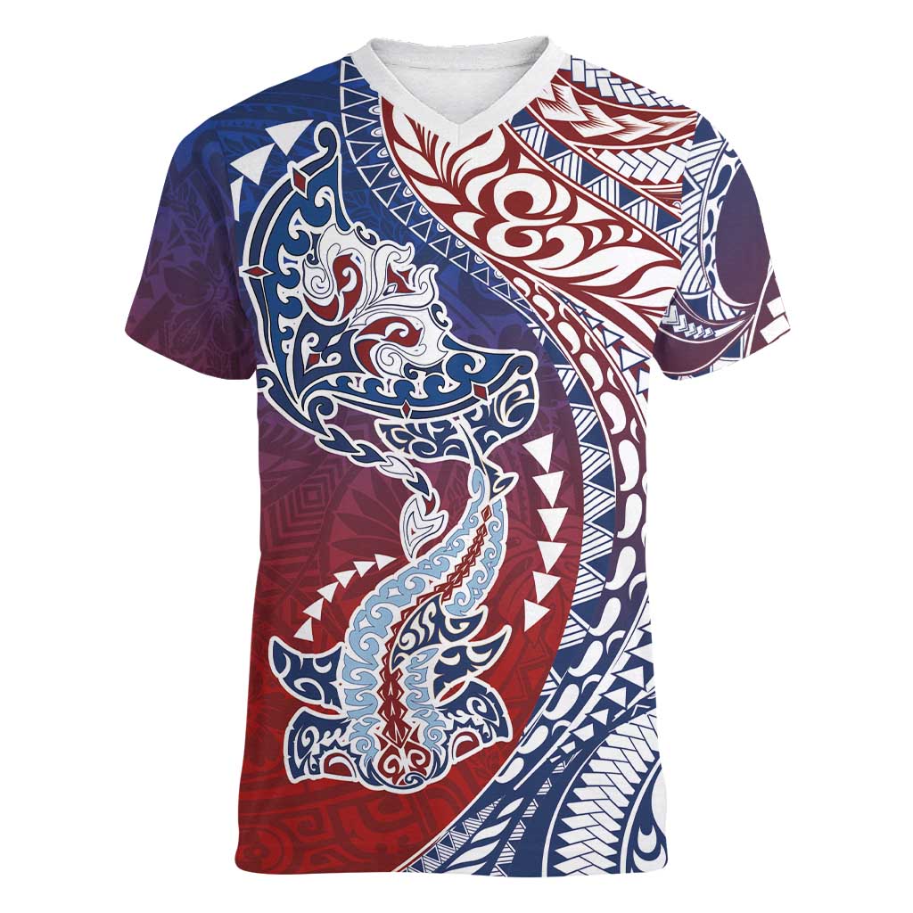 Hawaiian Manta Ray and Hammerhead Shark Tribal Tattoo Women V-Neck T-Shirt with Polynesian Tribal Pattern Hawaii Flag Color