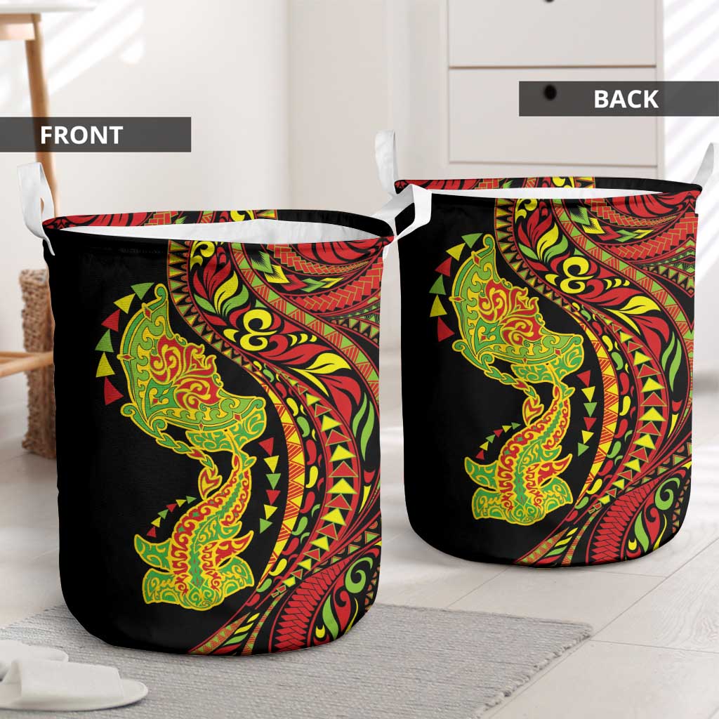 Hawaiian Manta Ray and Hammerhead Shark Tribal Tattoo Laundry Basket with Polynesian Tribal Pattern Kanaka Maoli Flag Color