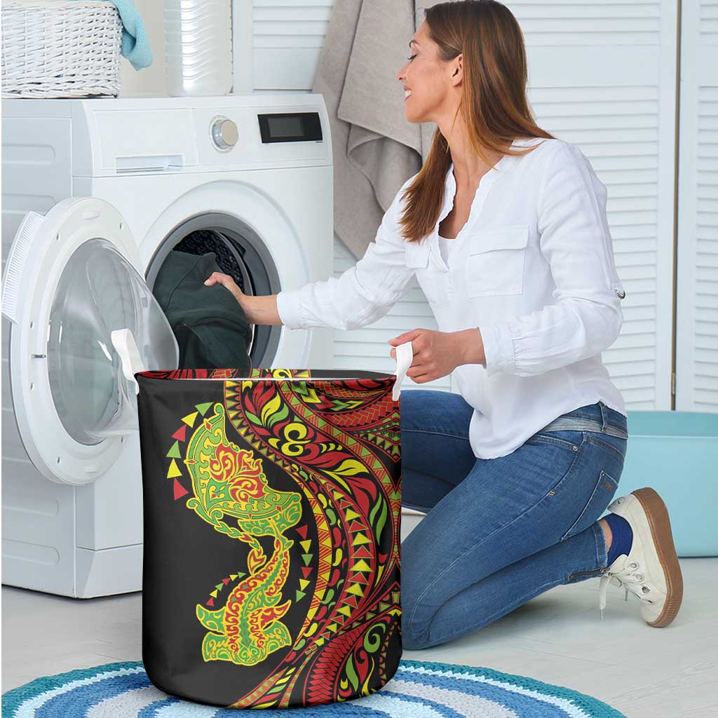 Hawaiian Manta Ray and Hammerhead Shark Tribal Tattoo Laundry Basket with Polynesian Tribal Pattern Kanaka Maoli Flag Color