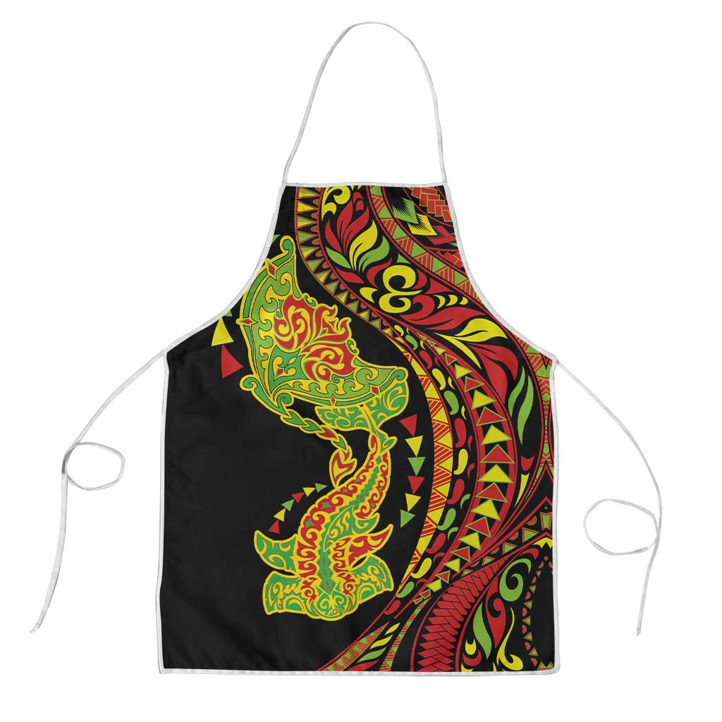 Hawaiian Manta Ray and Hammerhead Shark Tribal Tattoo Apron with Polynesian Tribal Pattern Kanaka Maoli Flag Color