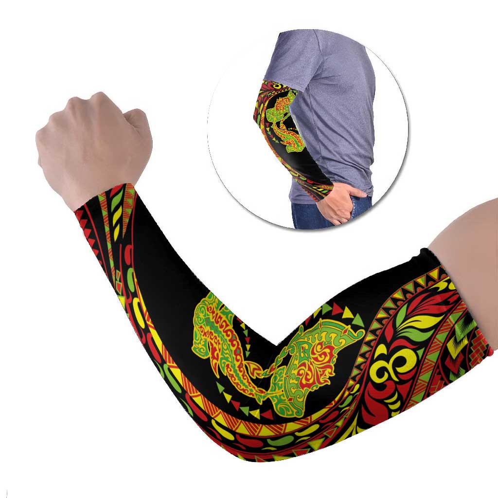 Hawaiian Manta Ray and Hammerhead Shark Tribal Tattoo Arm Sleeves with Polynesian Tribal Pattern Kanaka Maoli Flag Color