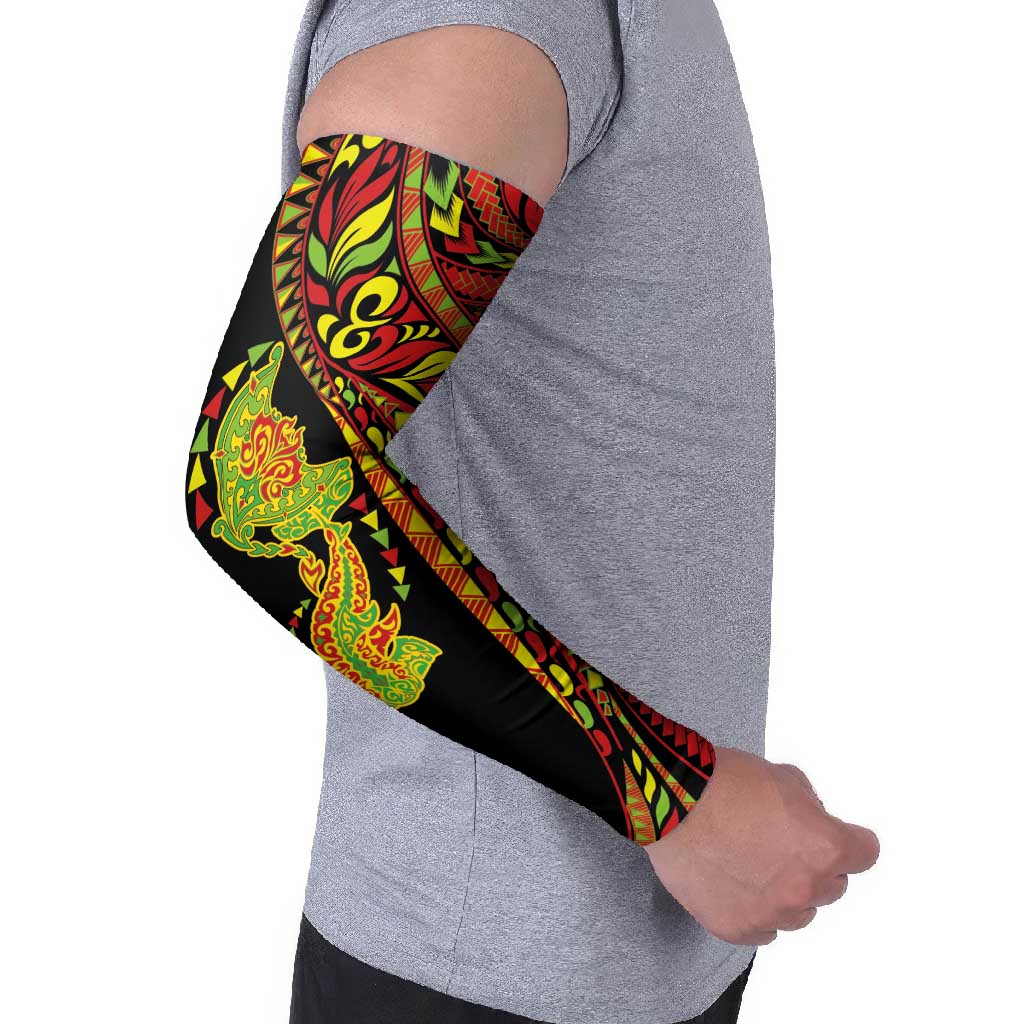 Hawaiian Manta Ray and Hammerhead Shark Tribal Tattoo Arm Sleeves with Polynesian Tribal Pattern Kanaka Maoli Flag Color