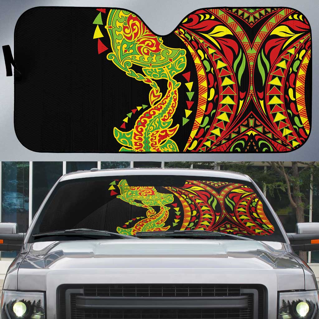 Hawaiian Manta Ray and Hammerhead Shark Tribal Tattoo Auto Sun Shade with Polynesian Tribal Pattern Kanaka Maoli Flag Color