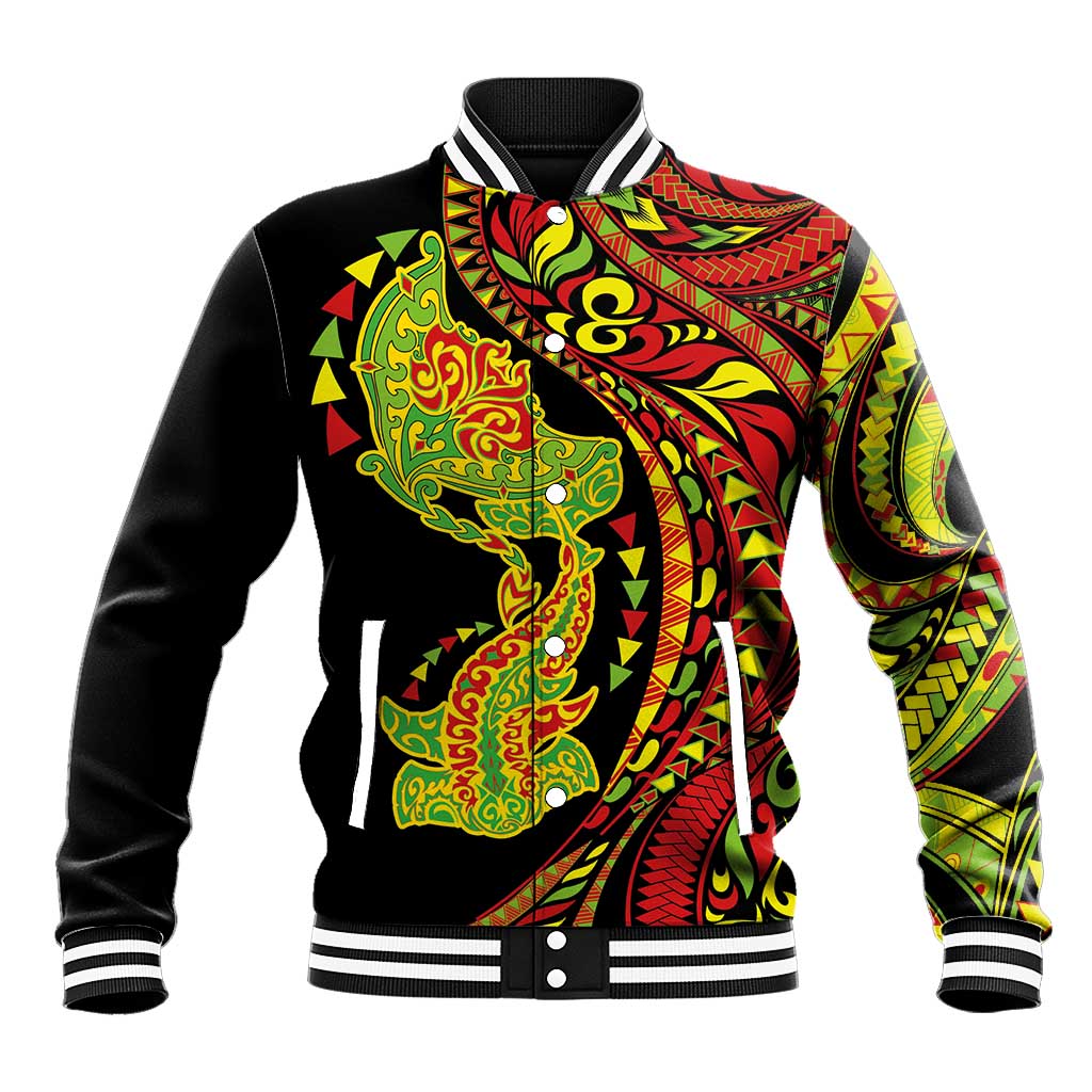 Hawaiian Manta Ray and Hammerhead Shark Tribal Tattoo Baseball Jacket with Polynesian Tribal Pattern Kanaka Maoli Flag Color LT03 Unisex Multicolor - Polynesian Pride
