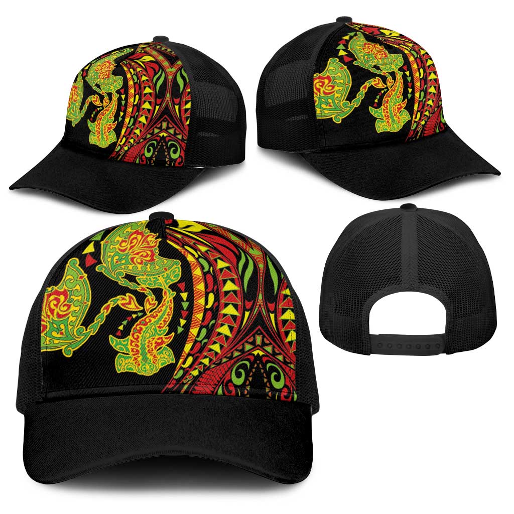 Hawaiian Manta Ray and Hammerhead Shark Tribal Tattoo Baseball Net Cap with Polynesian Tribal Pattern Kanaka Maoli Flag Color