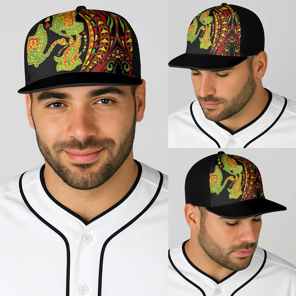 Hawaiian Manta Ray and Hammerhead Shark Tribal Tattoo Baseball Net Cap with Polynesian Tribal Pattern Kanaka Maoli Flag Color