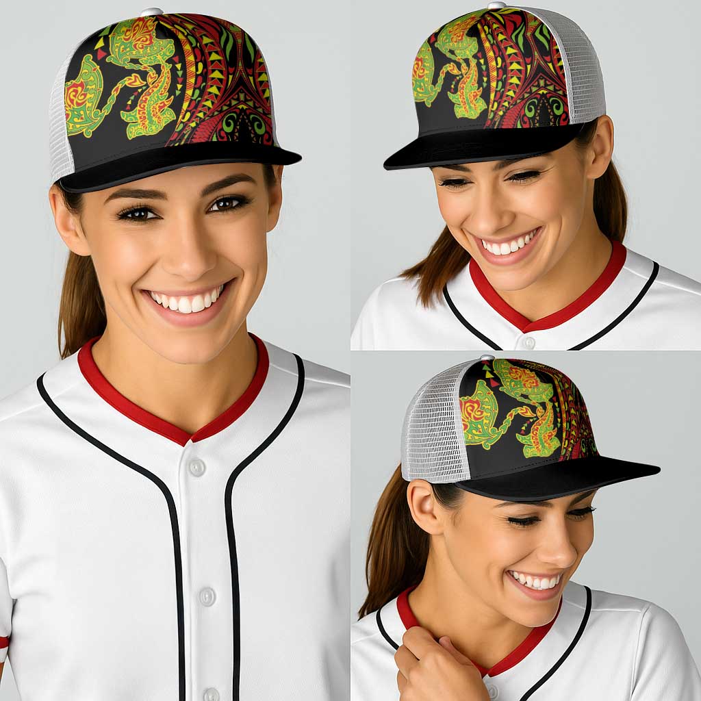 Hawaiian Manta Ray and Hammerhead Shark Tribal Tattoo Baseball Net Cap with Polynesian Tribal Pattern Kanaka Maoli Flag Color