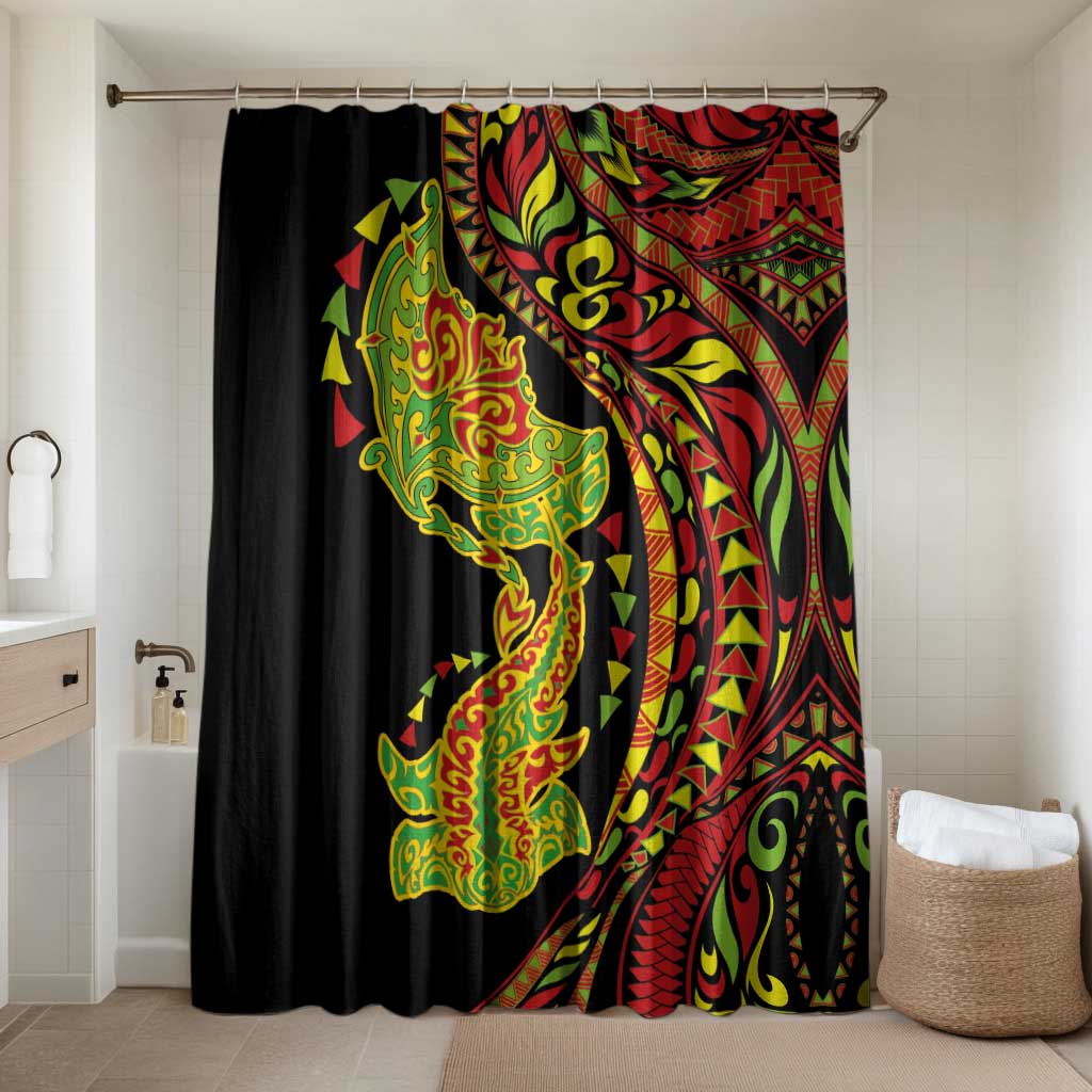 Hawaiian Manta Ray and Hammerhead Shark Tribal Tattoo Bathroom Set with Polynesian Tribal Pattern Kanaka Maoli Flag Color